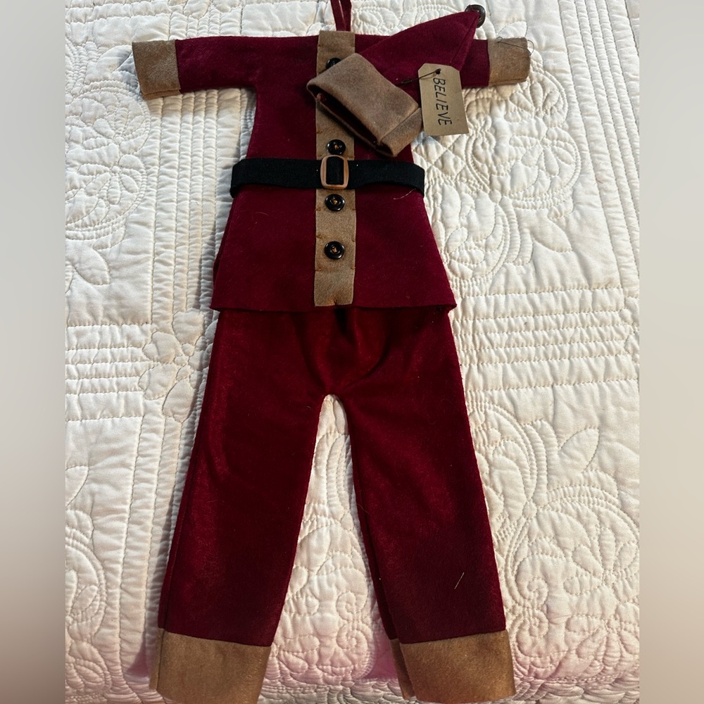 Country decoration  Burgundy and tan Santa suit with Believe